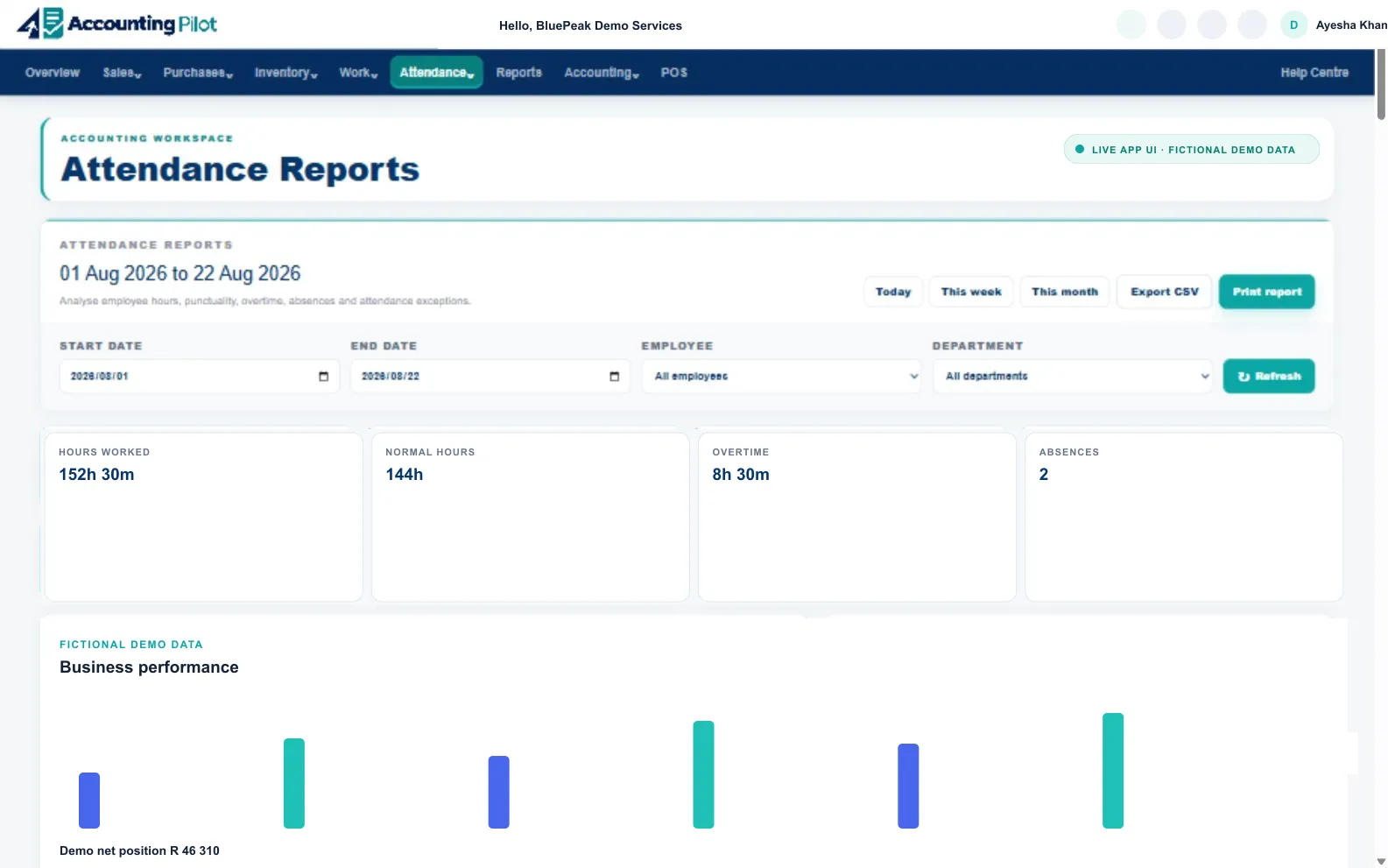Accounting Pilot Attendance Reports desktop screen