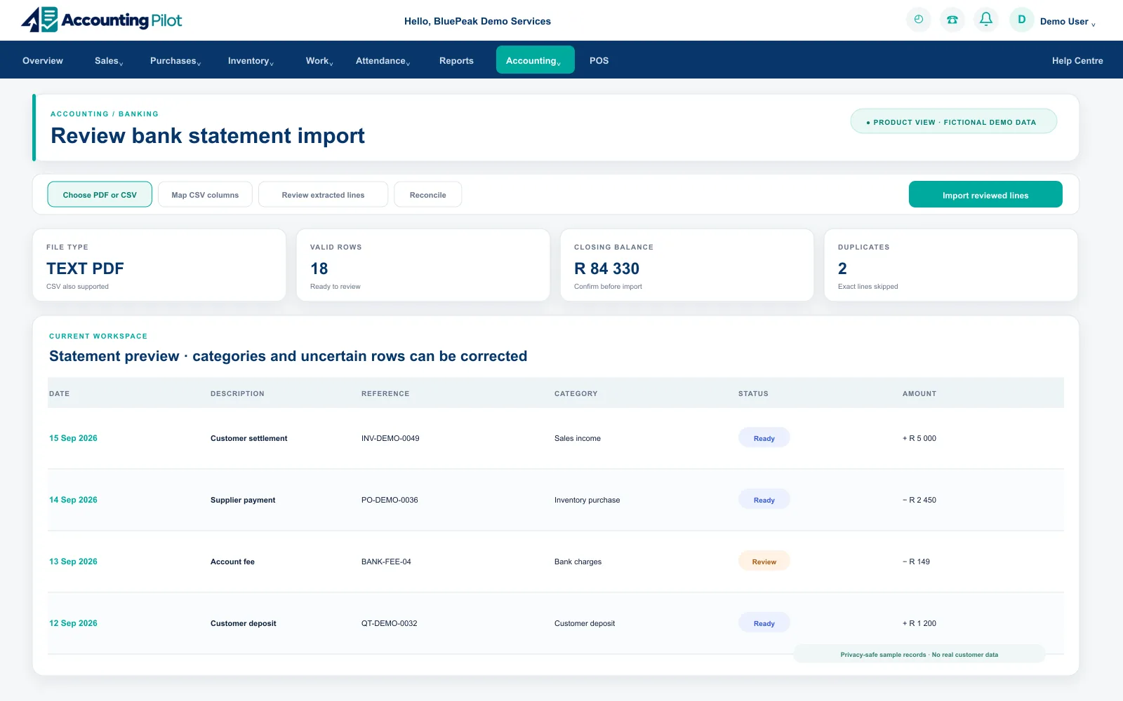 Accounting Pilot editable PDF or CSV bank statement review with fictional demo information