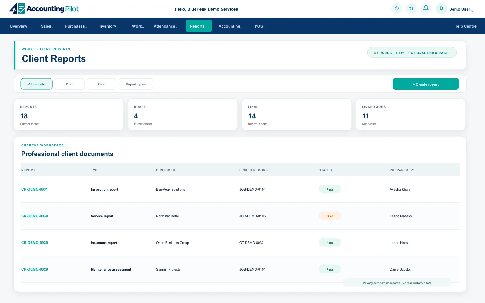 Accounting Pilot Client Reports desktop screen
