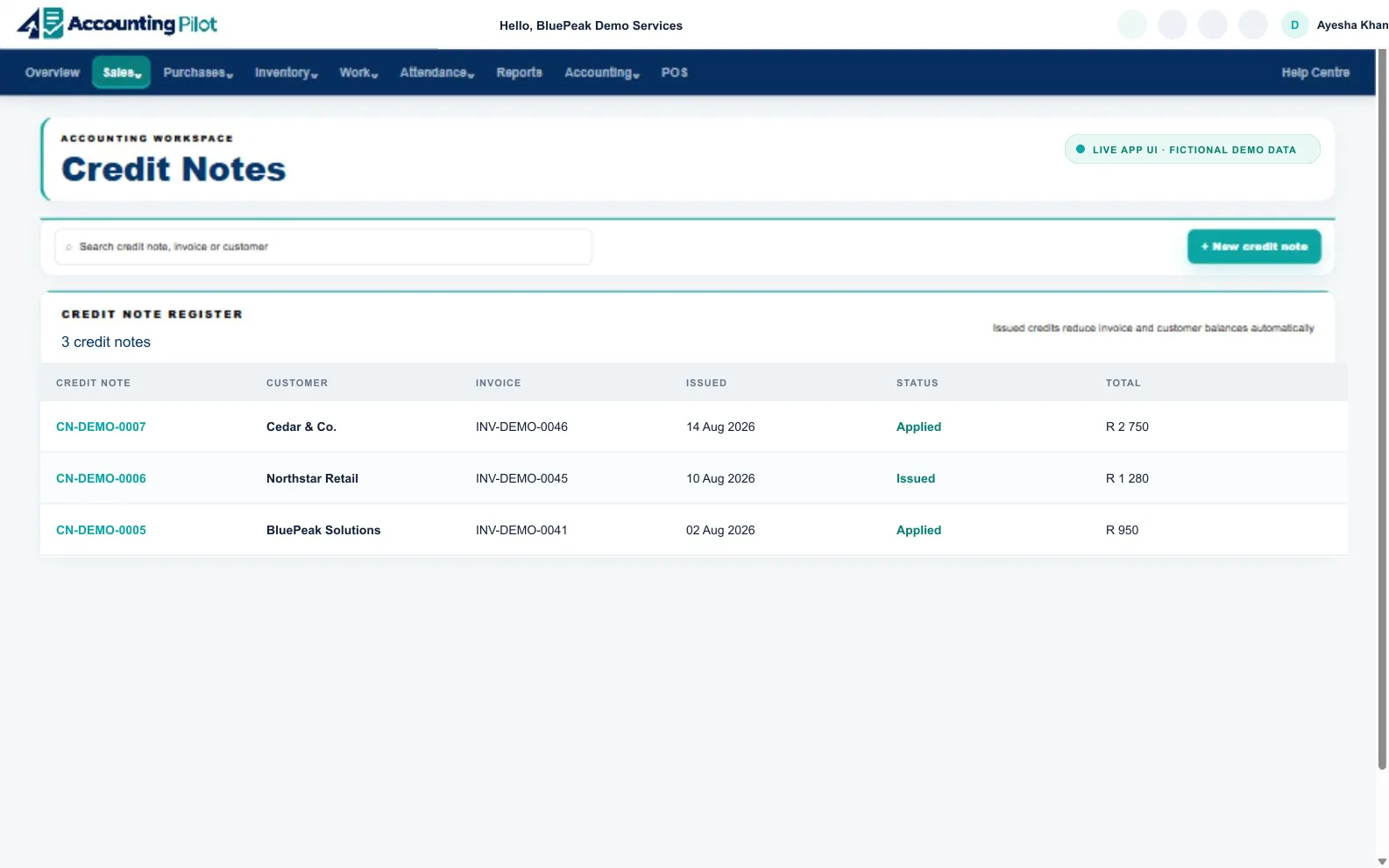 Accounting Pilot Credit Notes desktop screen