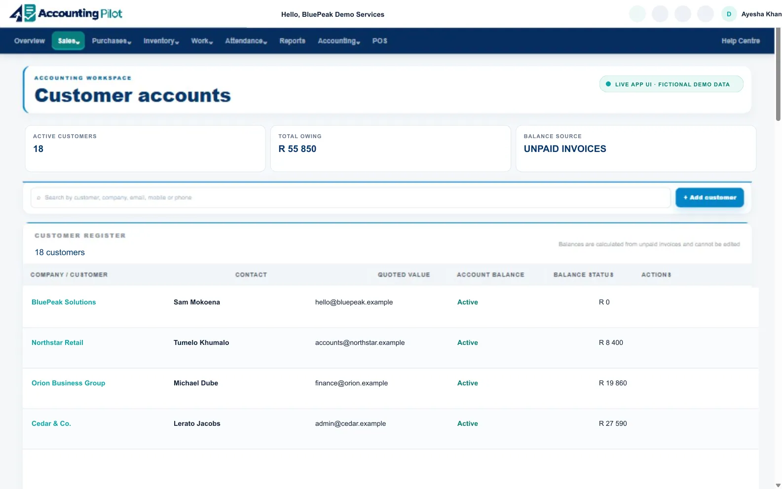 Accounting Pilot Customers desktop screen