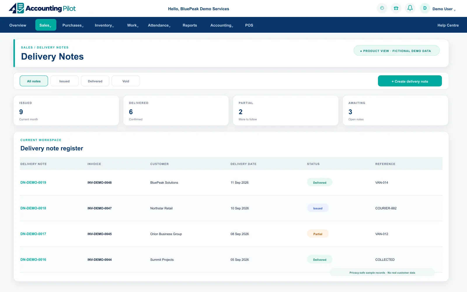 Accounting Pilot Delivery Notes desktop screen