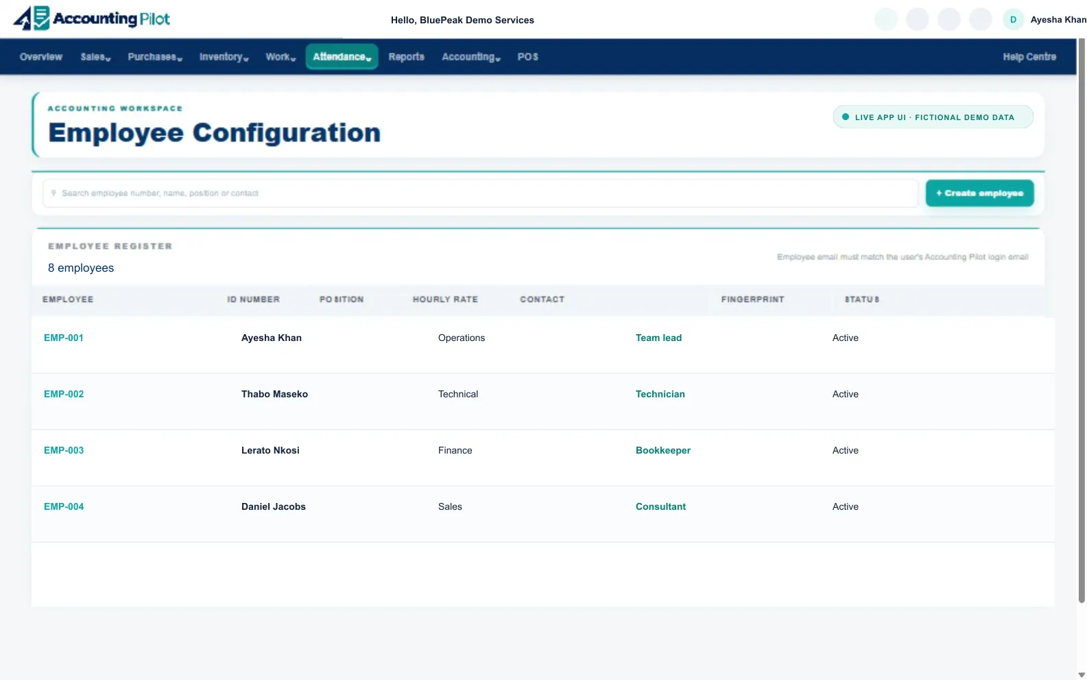 Accounting Pilot Employee Configuration desktop screen