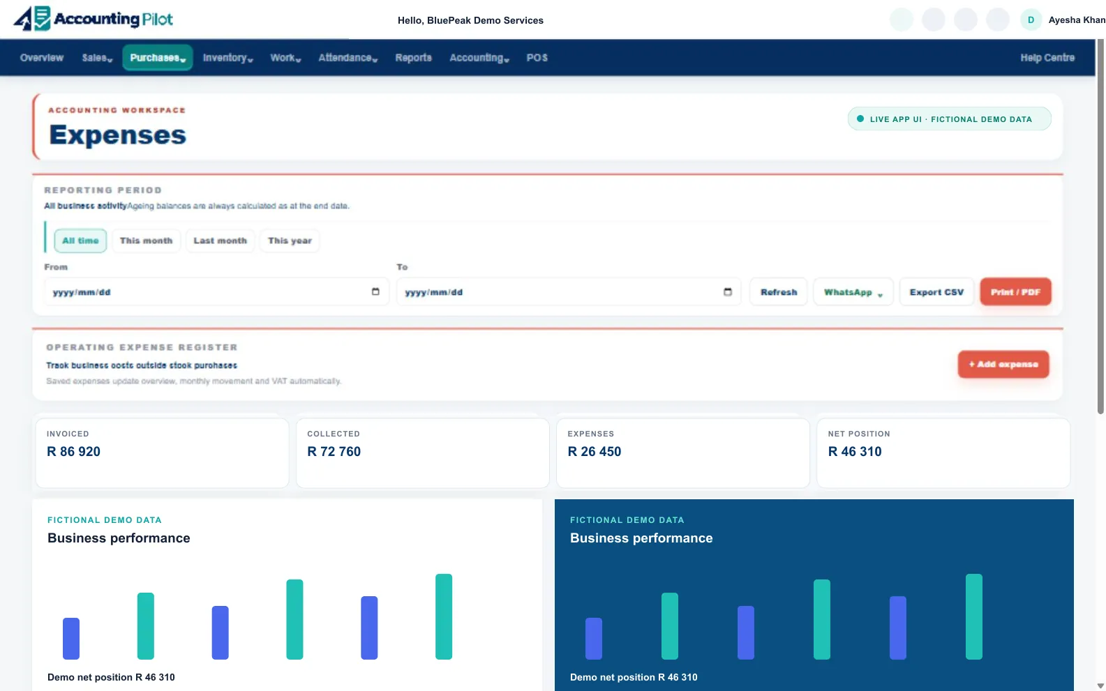 Accounting Pilot Expenses desktop screen