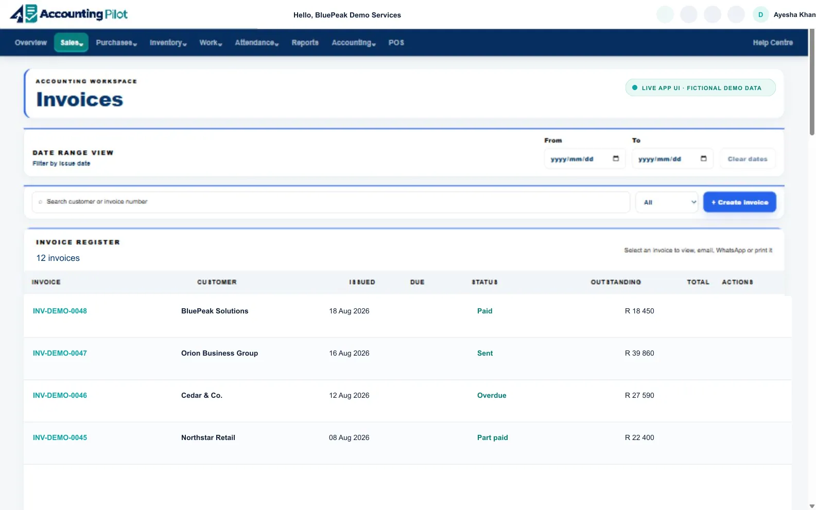 Accounting Pilot Invoices desktop screen