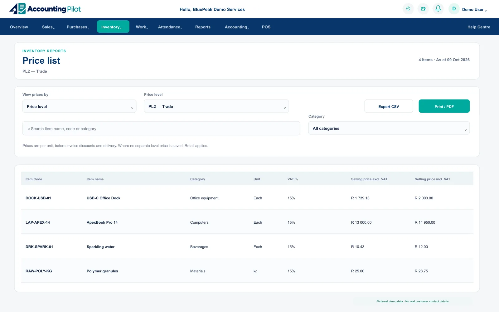 Accounting Pilot Price List desktop screen
