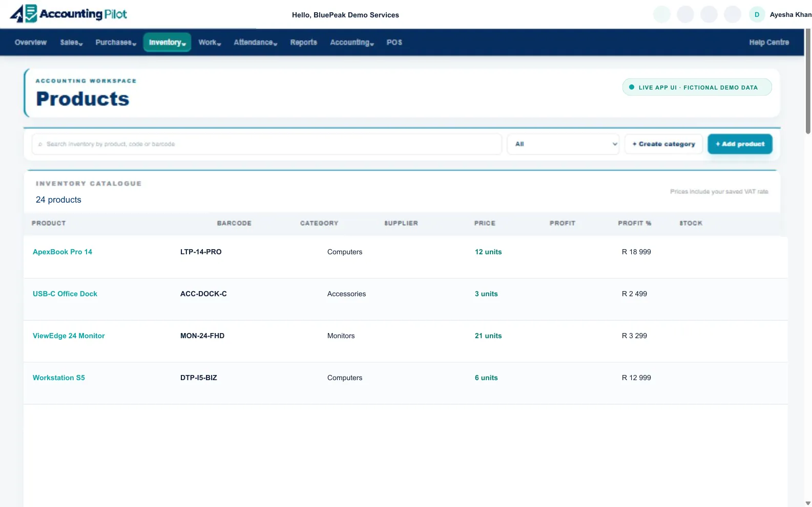 Accounting Pilot Products desktop screen