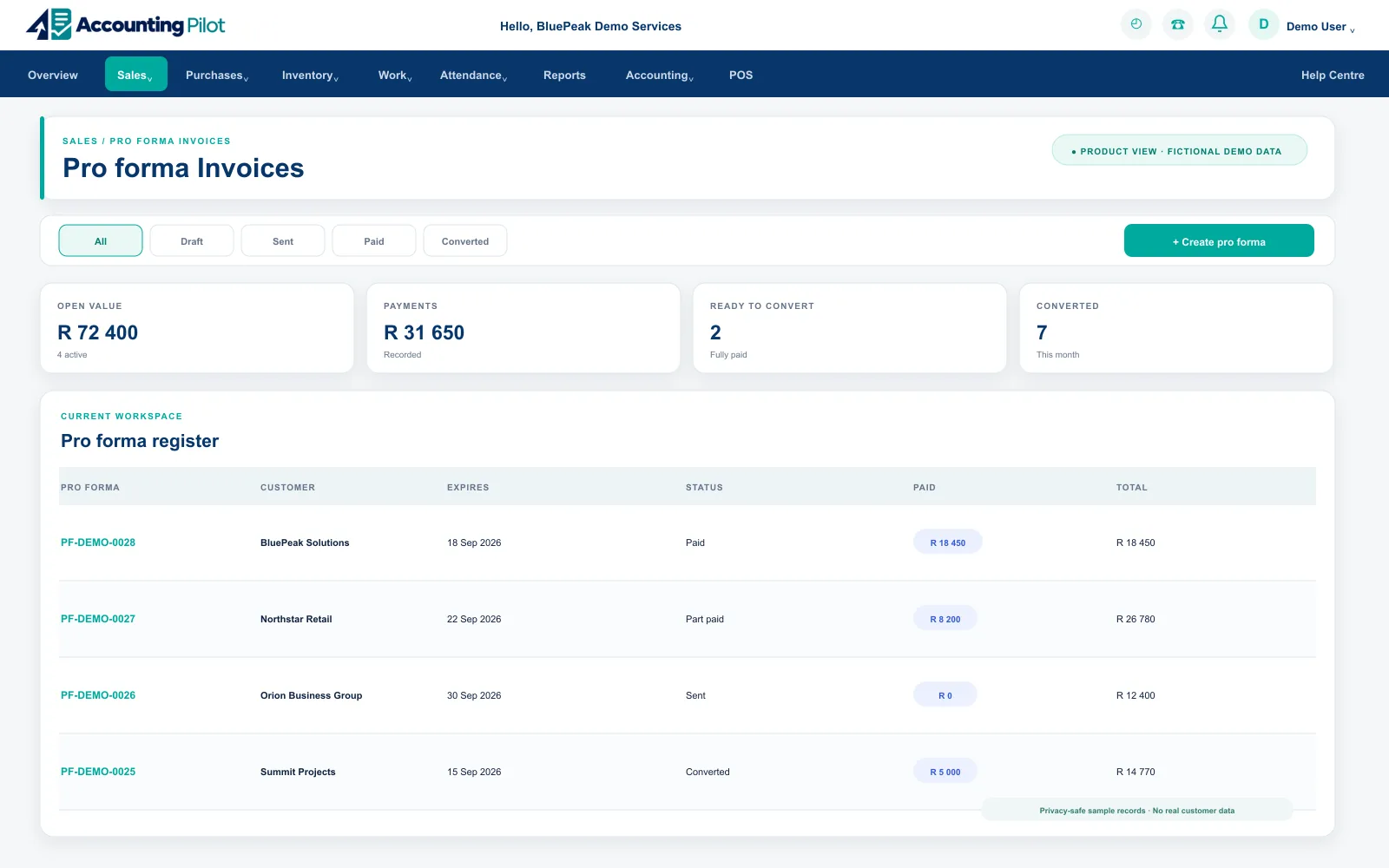 Accounting Pilot Pro forma Invoices desktop screen
