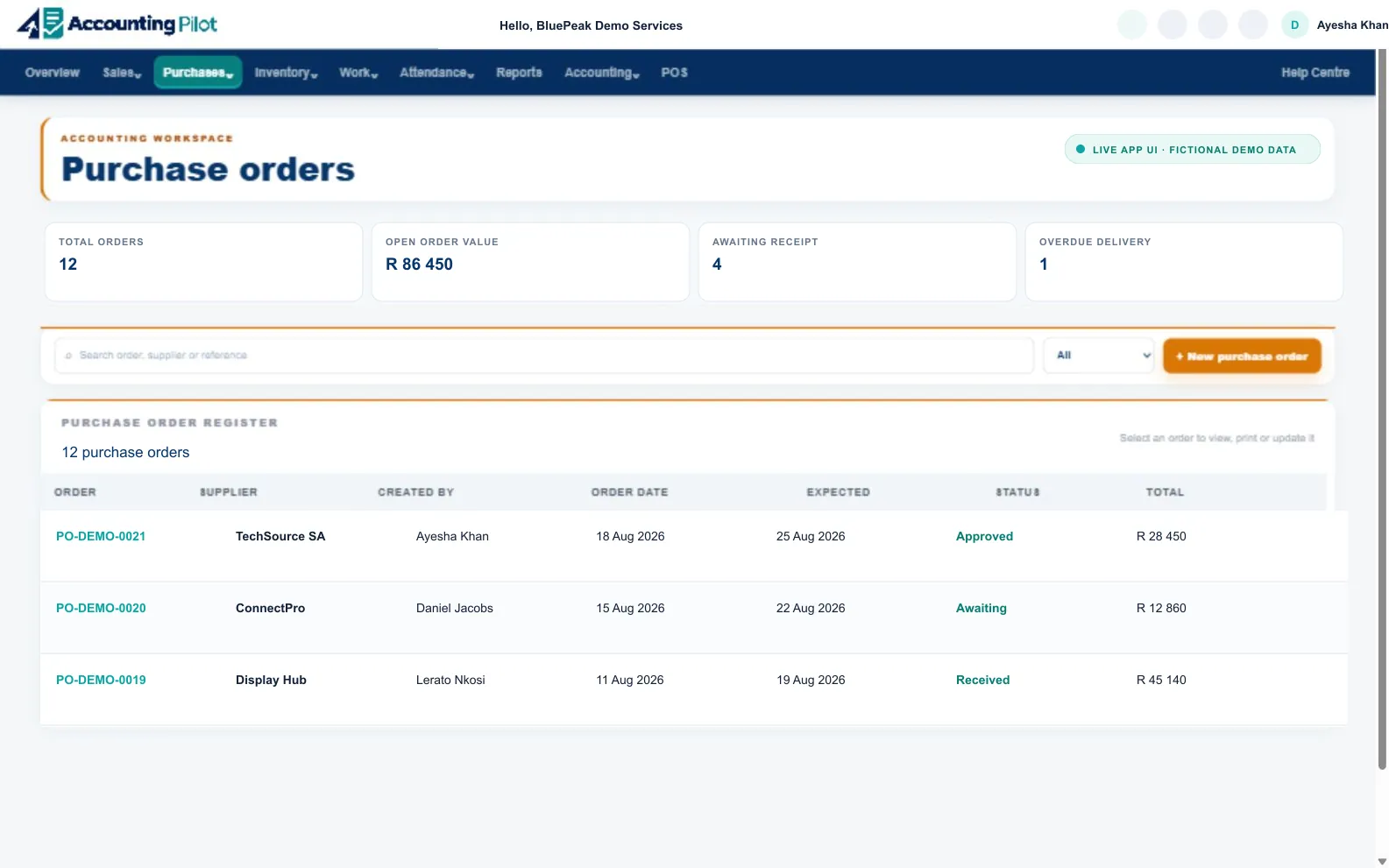 Accounting Pilot Purchase Orders desktop screen