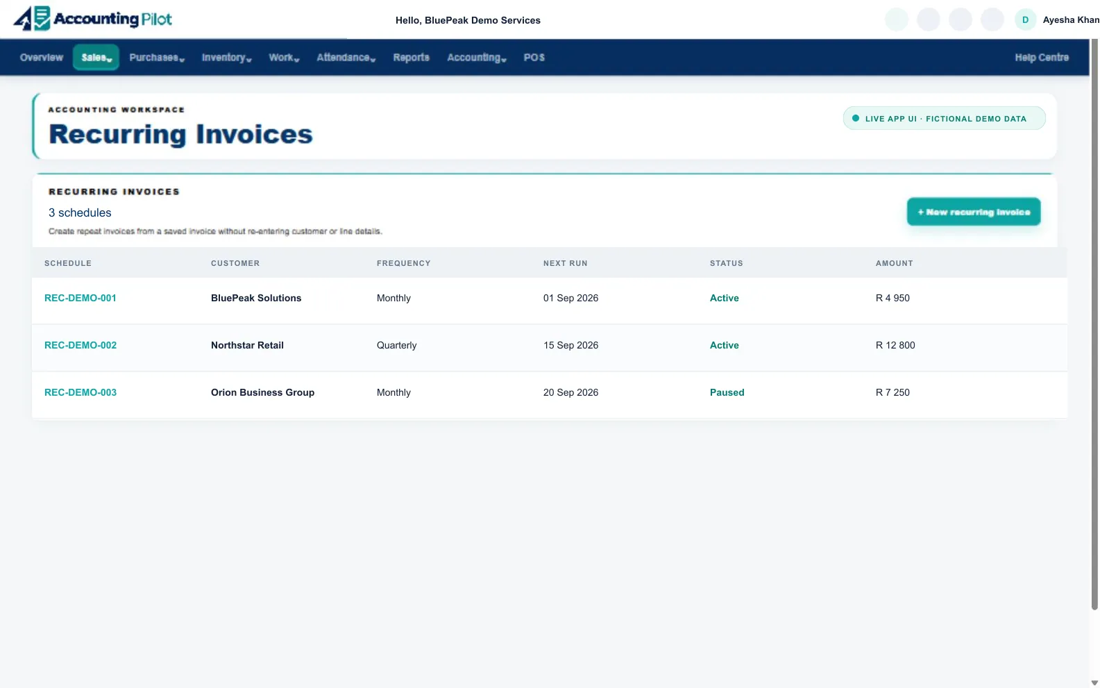Accounting Pilot Recurring Invoices desktop screen