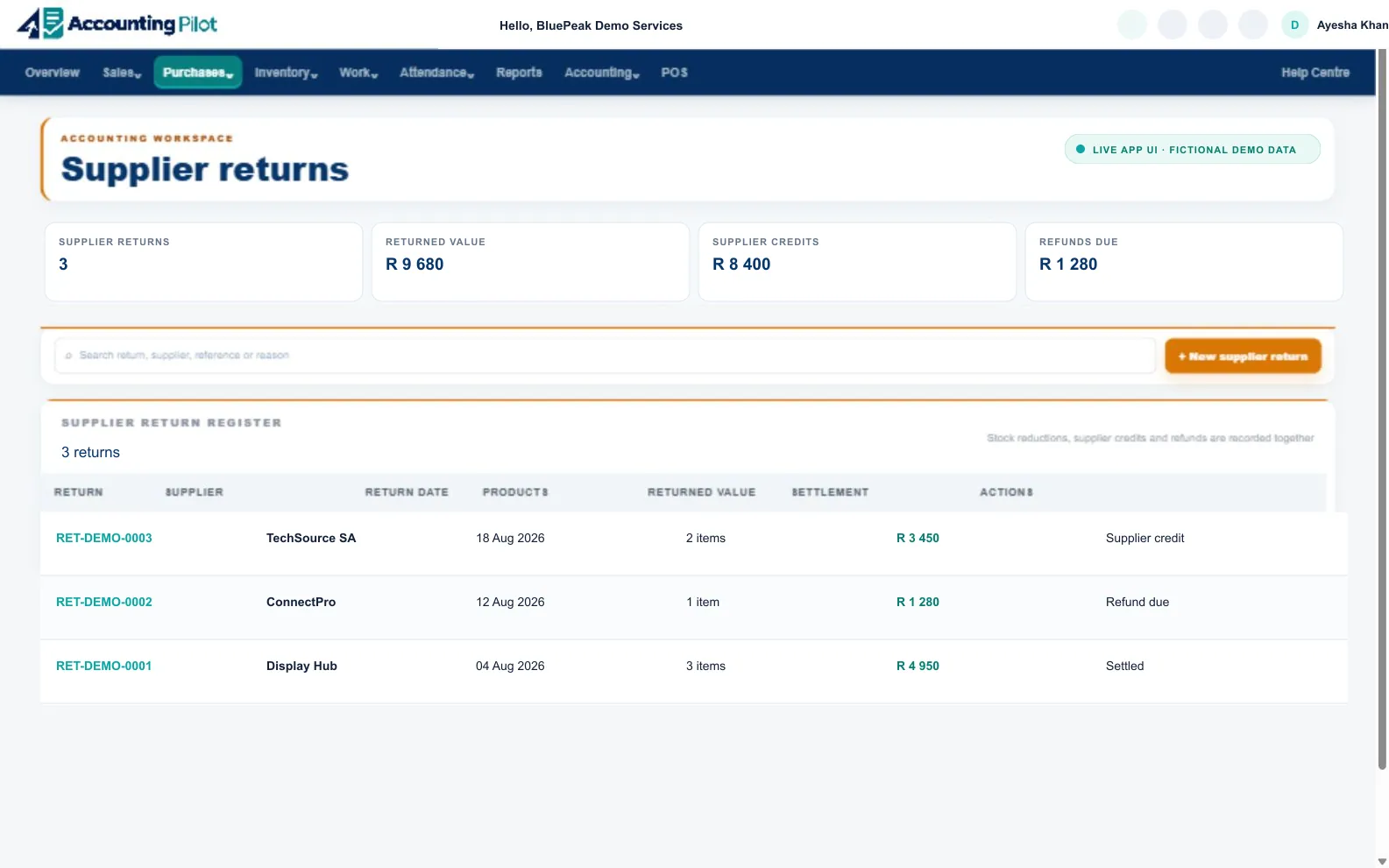 Accounting Pilot Supplier Returns desktop screen