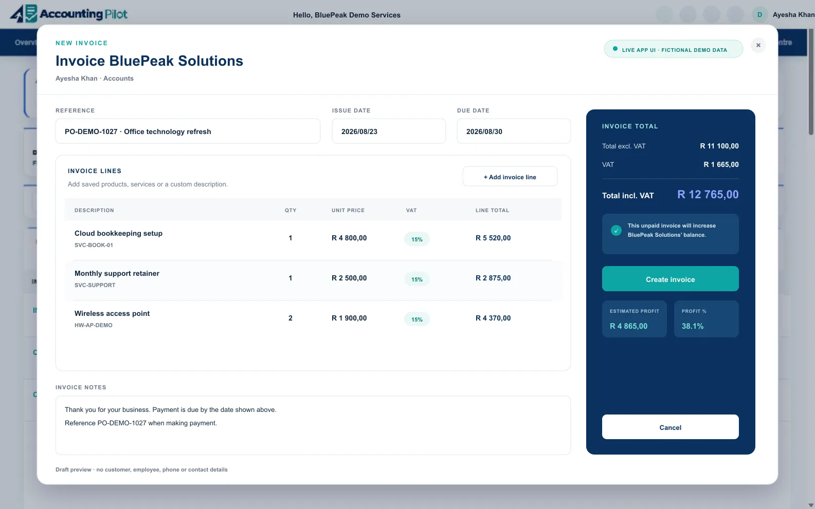 Accounting Pilot Sales desktop screen