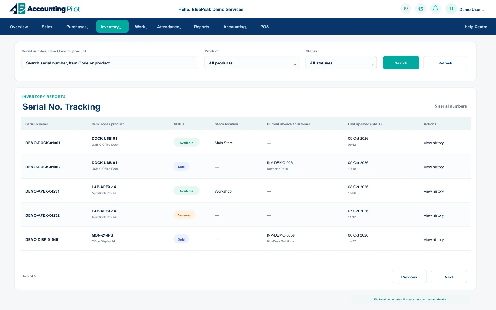 Accounting Pilot Serial No. Tracking desktop screen