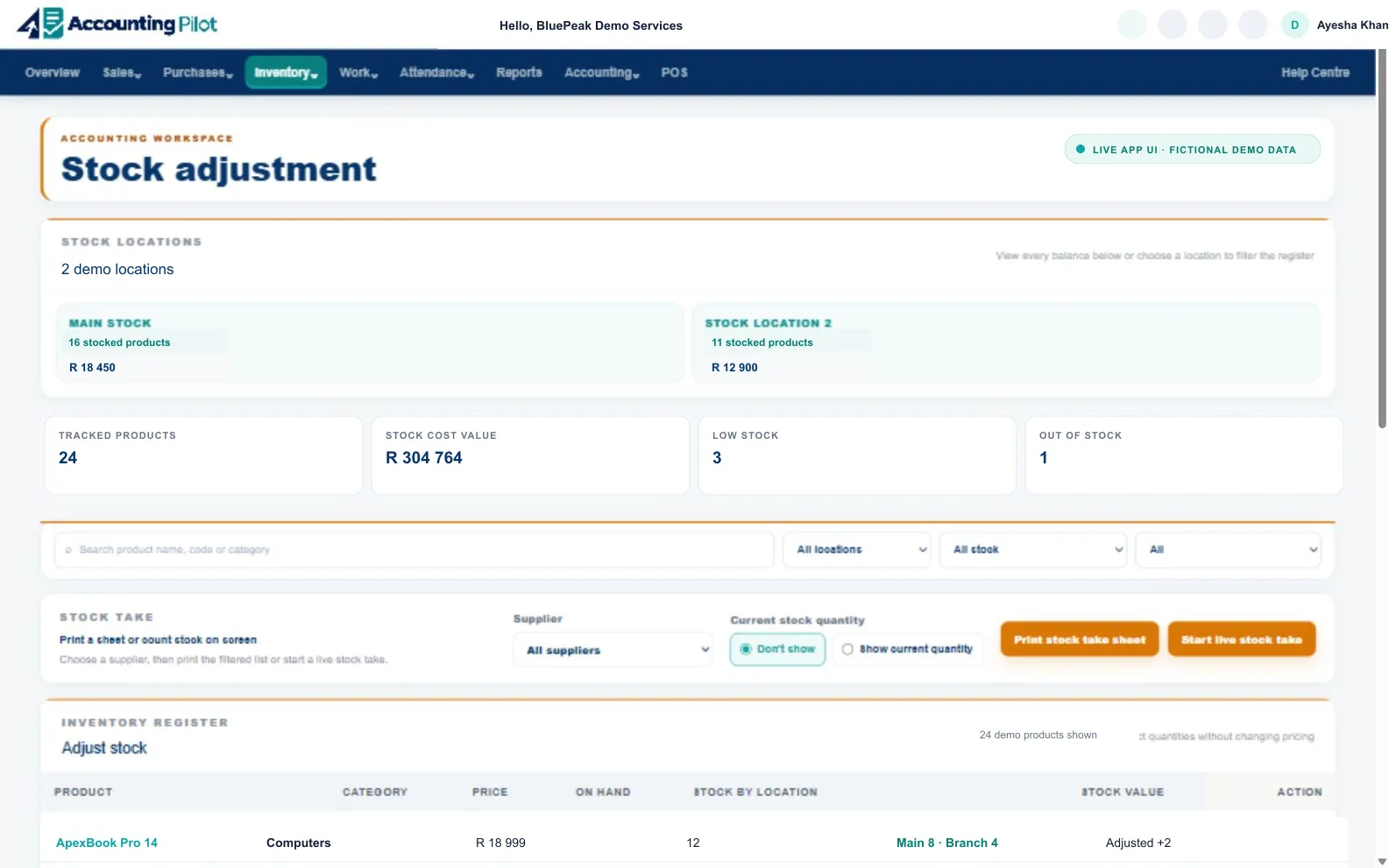 Accounting Pilot Stock Adjustment desktop screen