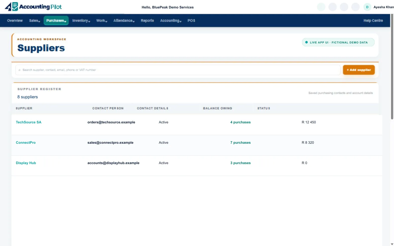 Accounting Pilot Suppliers desktop screen