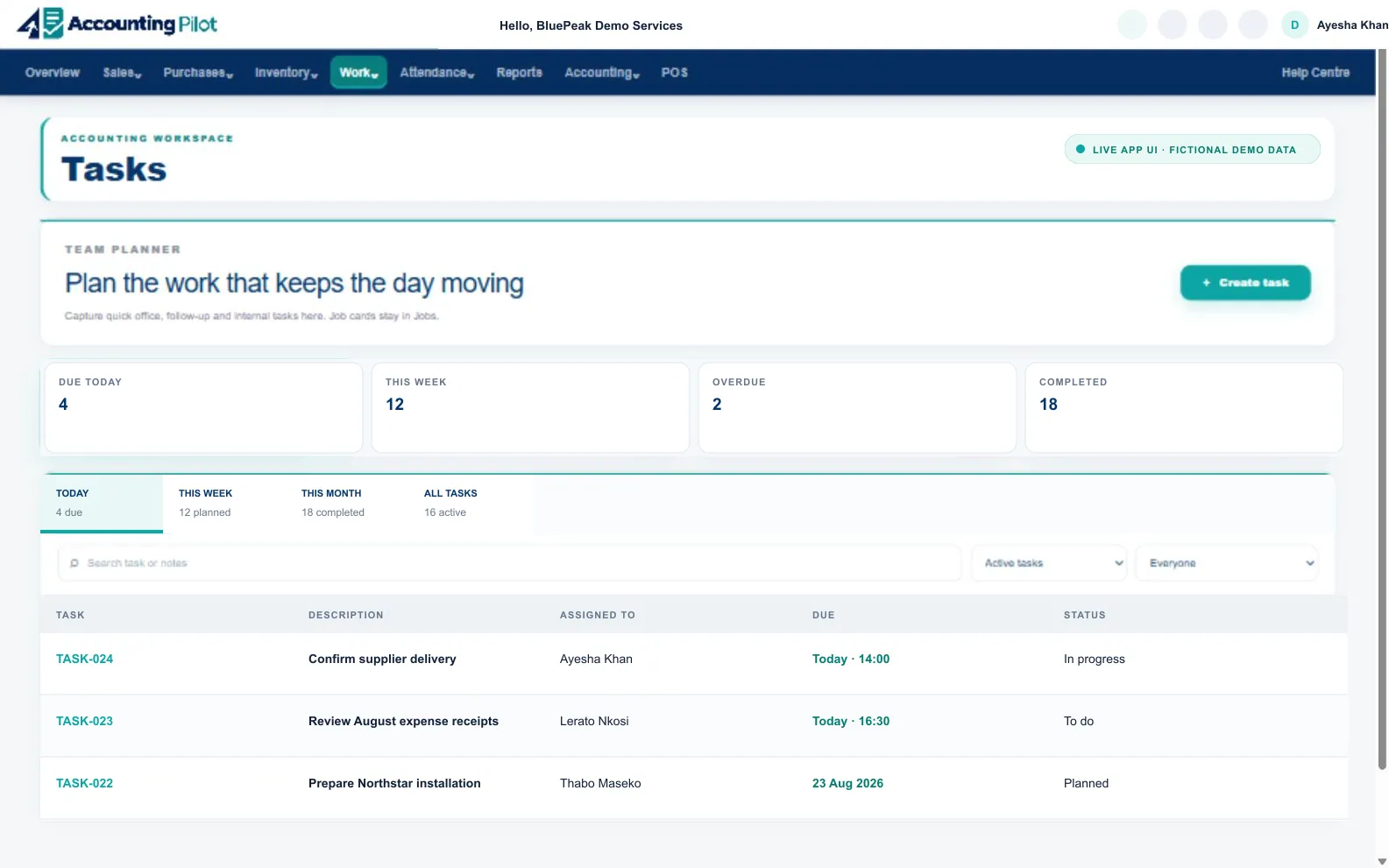Accounting Pilot Tasks desktop screen